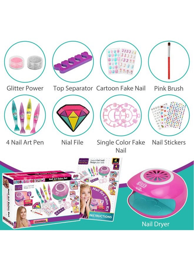 Amagoing - Nail Art Kit for Girls, Kids Nail Polish Play Set with Nail Dryer, 2 in 1 Nail Pens,Sticky Cartoon Fake Nail, DIY Sticker, Nail Studio Decoration Birthday Christmas Gift for Kids Age 6-12 - Image 1
