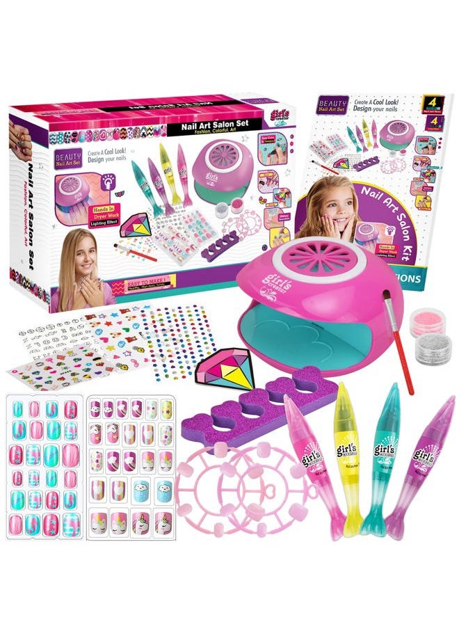 Amagoing - Nail Art Kit for Girls, Kids Nail Polish Play Set with Nail Dryer, 2 in 1 Nail Pens,Sticky Cartoon Fake Nail, DIY Sticker, Nail Studio Decoration Birthday Christmas Gift for Kids Age 6-12 - Image 1