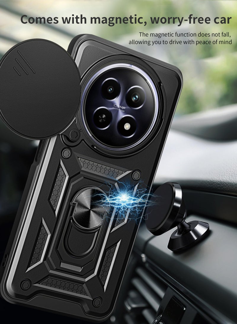 realme 12 5G/ realme 12x 5G Case, Slide Camera Lens Cover + 360°Rotating Kickstand Ring + Support Magnetic Car Mount Shockproof Mobile Phone Case Black  - Image 5