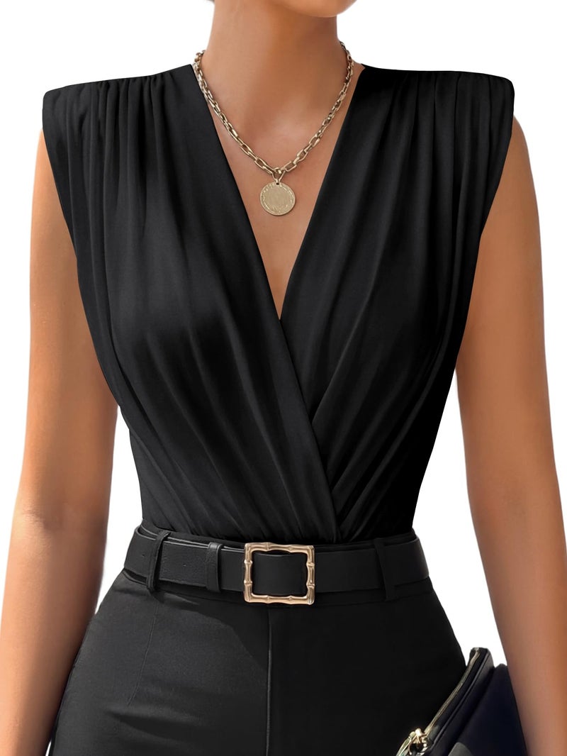 LYANER Women's Wraped V Neck Ruched Sleeveless Tank Leotard Bodysuit Tops Black Medium - Image 1