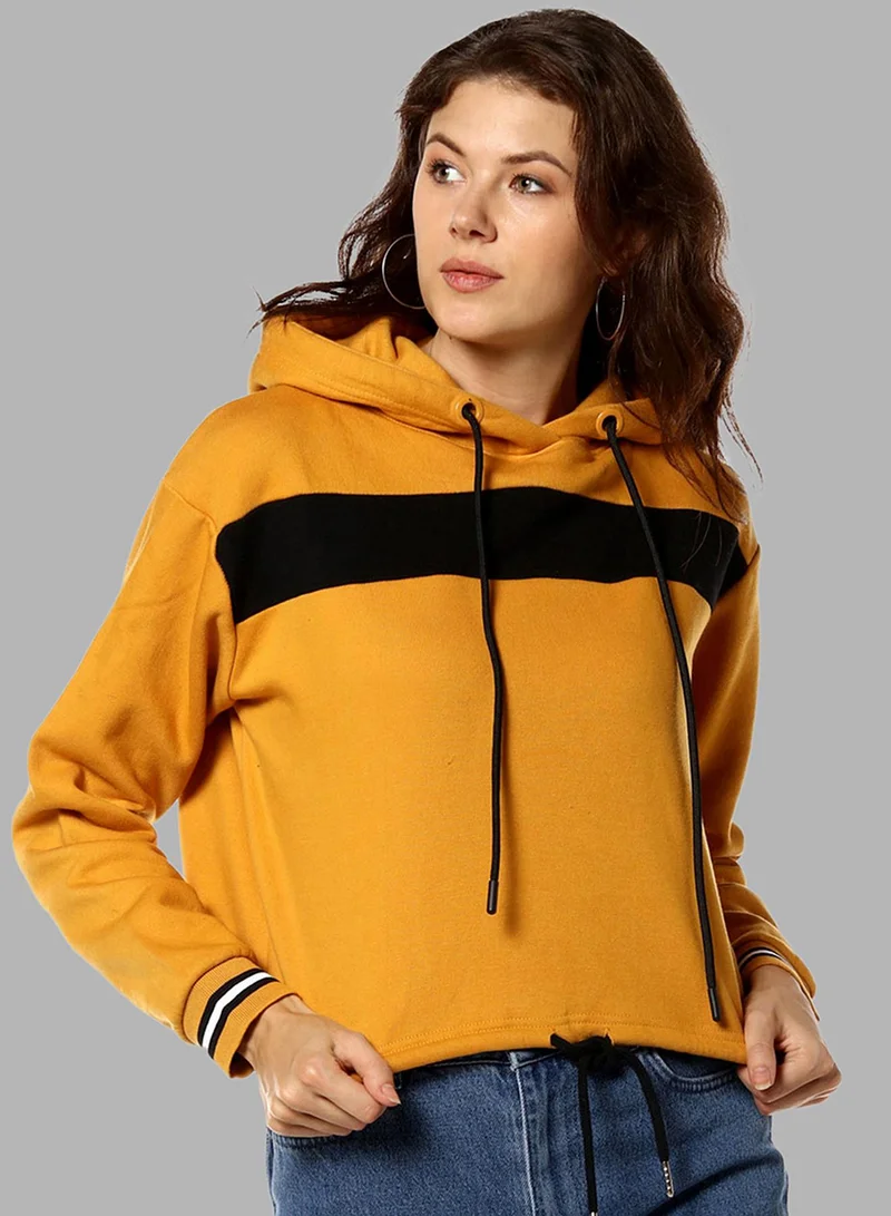 Campus Sutra Women's Mustard Yellow Panel-Boxy Pullover Hoodie