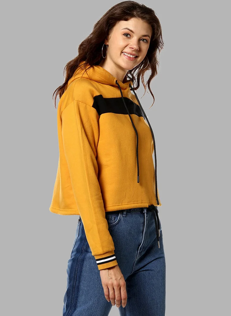 Campus Sutra Women's Mustard Yellow Panel-Boxy Pullover Hoodie