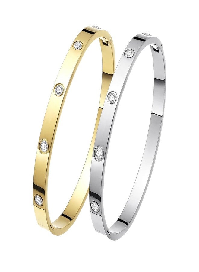 Okos Rhodium and Gold Plated Fashion Jewellery Stainless Steel Anti Tarnish Cuff Band Style Bangle Bracelet Combo Pack of 2 with White CZ Stones For Girls and Women BR1000055COM - Image 1