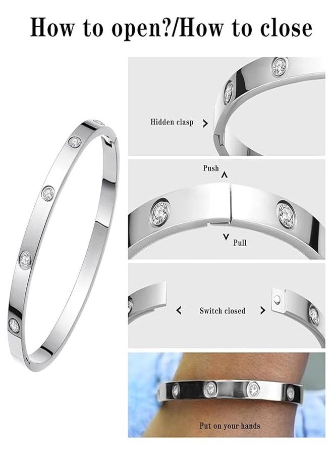 Okos Rhodium and Gold Plated Fashion Jewellery Stainless Steel Anti Tarnish Cuff Band Style Bangle Bracelet Combo Pack of 2 with White CZ Stones For Girls and Women BR1000055COM - Image 5