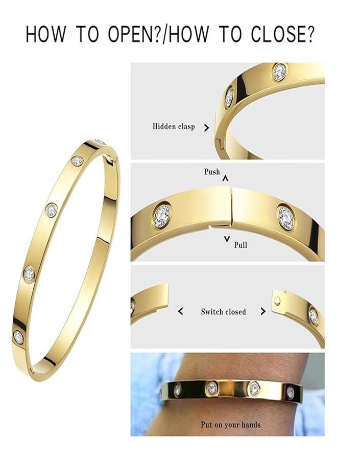 Okos Rhodium and Gold Plated Fashion Jewellery Stainless Steel Anti Tarnish Cuff Band Style Bangle Bracelet Combo Pack of 2 with White CZ Stones For Girls and Women BR1000055COM - Image 4