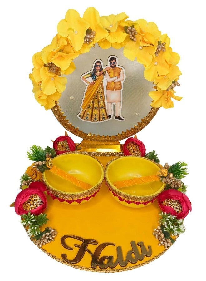 Unique Palette Haldi Ceremony Platter Set for Wedding | Decorated Haldi Tray with Bride & Groom Cutout | Haldi Accessories Set with 2 Bowls & 2 Sticks | Haldi Function Decor (Yellow & Pink Theme) - Image 2