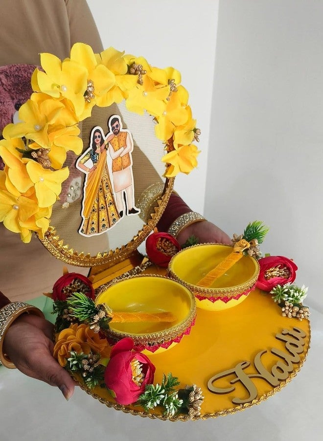 Unique Palette Haldi Ceremony Platter Set for Wedding | Decorated Haldi Tray with Bride & Groom Cutout | Haldi Accessories Set with 2 Bowls & 2 Sticks | Haldi Function Decor (Yellow & Pink Theme) - Image 4