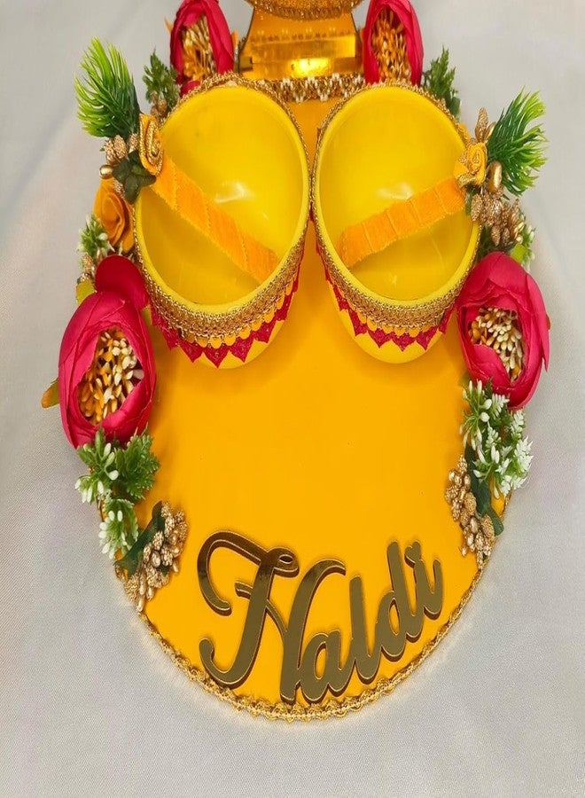 Unique Palette Haldi Ceremony Platter Set for Wedding | Decorated Haldi Tray with Bride & Groom Cutout | Haldi Accessories Set with 2 Bowls & 2 Sticks | Haldi Function Decor (Yellow & Pink Theme) - Image 3