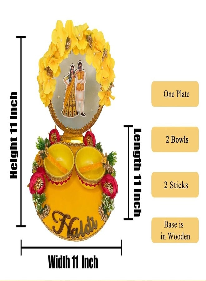 Unique Palette Haldi Ceremony Platter Set for Wedding | Decorated Haldi Tray with Bride & Groom Cutout | Haldi Accessories Set with 2 Bowls & 2 Sticks | Haldi Function Decor (Yellow & Pink Theme) - Image 1