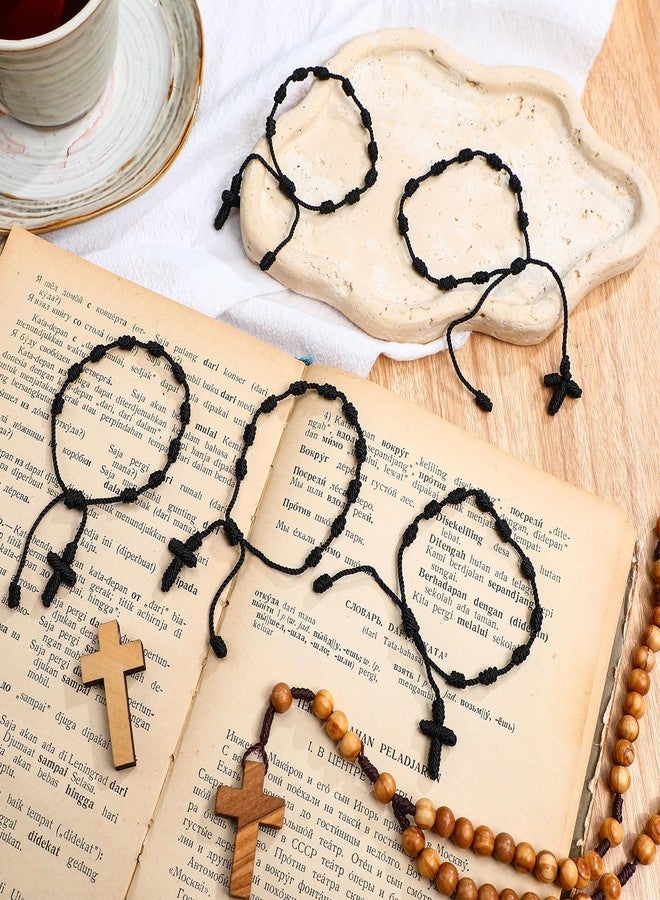 Otuuz 24 Pcs Black Catholic Rosary Bracelet Handmade Rosary Cross String Bracelets for Men Women 10 Knots with Hand Recuerdos De Bautizo Baptism Favors for Guests Christening Memorial Gift - Image 3