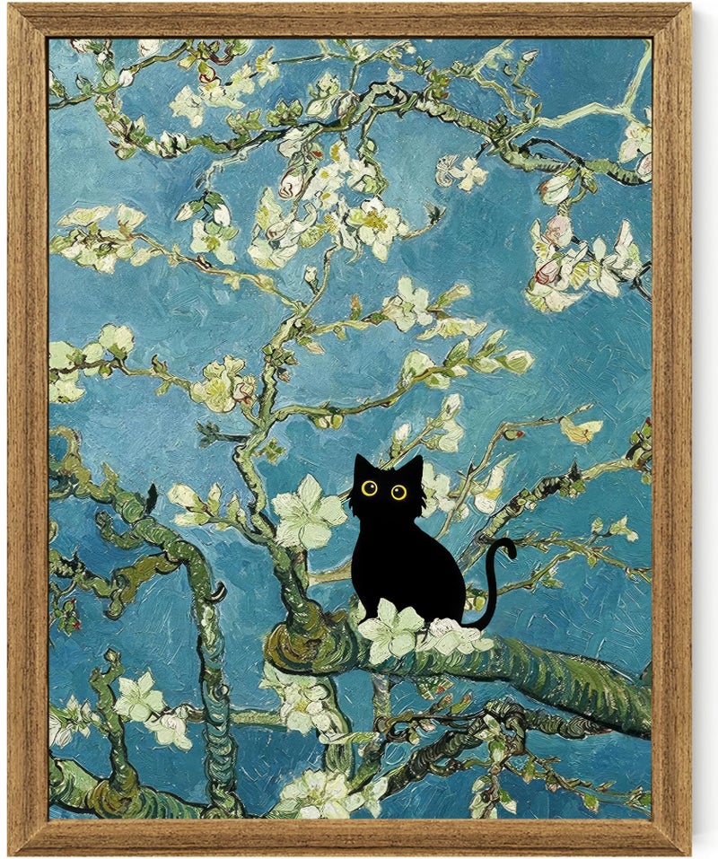 Fantasy Artists Van Gogh's Almond Blossom Funny Black Cat Canvas Wall Art, Oil Painting Posters Home Decor, Vintage Abstract Aesthetic Wall Decorations for Living Room Bedroom, 8" X 10" - Image 1