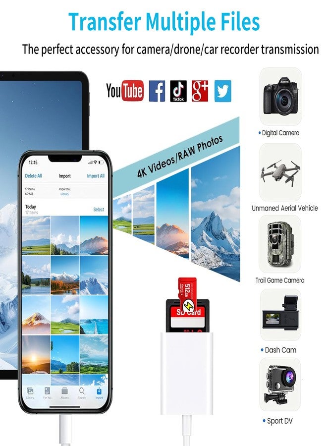 قارئ بطاقات SD لأجهزة iPhone، قارئ بطاقات ذاكرة مزدوج الفتحات SD وMicro SD لأجهزة iPad، عارض بطاقات SD لكاميرات مراقبة الحيوانات البرية، محول بطاقات لكاميرات مراقبة الحيوانات البرية الرقمية، لا يتطلب تطبيقًا. - Image 3
