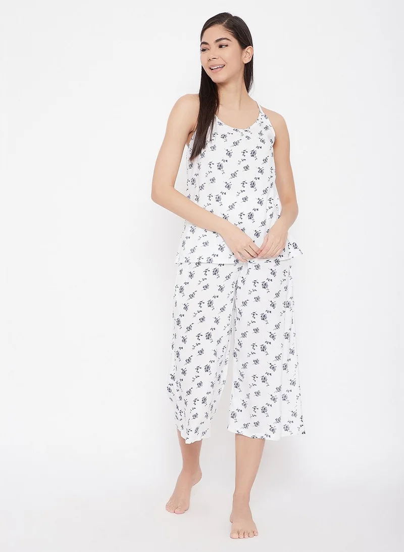 كلوفيا Clovia Pretty Floral Cami Top and Culottes in White - Rayon