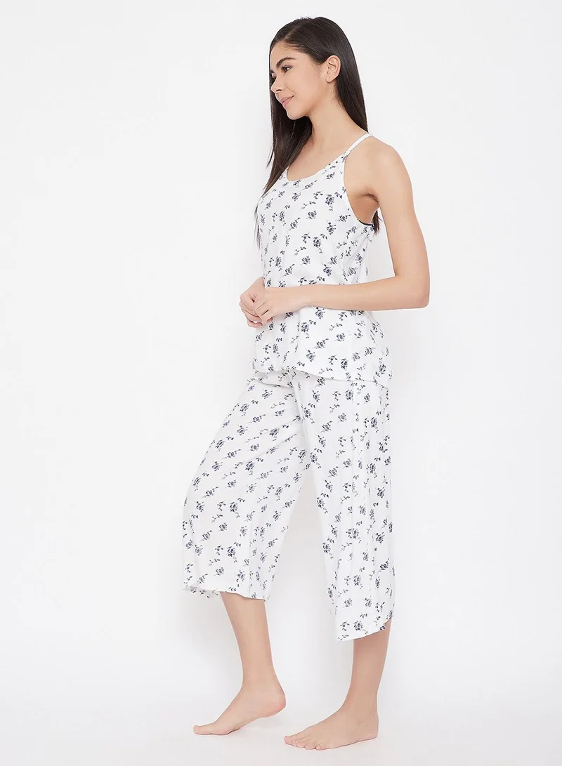 كلوفيا Clovia Pretty Floral Cami Top and Culottes in White - Rayon