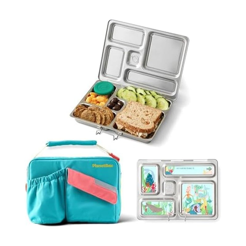 PlanetBox Rover Stainless Steel Bento Box Style Lunch Box Kit for Kids with 5 Compartments, Includes Insulated Lunch Bag, Leakproof Food Containers and Matching Mermaid Lagoon Magnets - Image 1