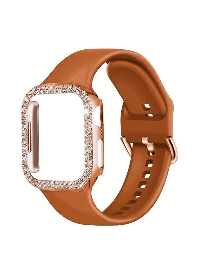 41mm Rose Golden Silicone Strap Double Rhinestone Hollow Case For Apple Watch - Image 1
