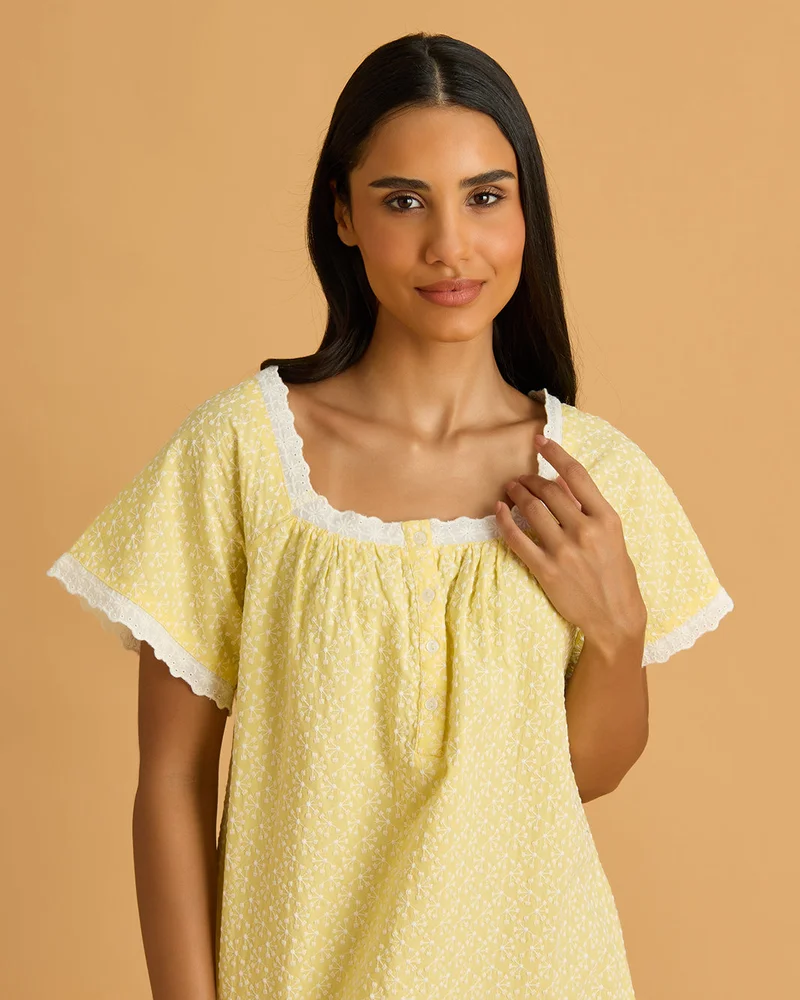 REDTAG Women Yellow Schiffli Nightgown