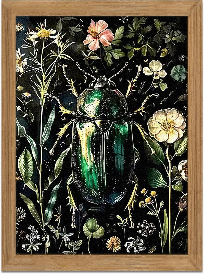 AKWISH Framed Vintage 3D Textured Wall Art - Gothic Dark College Beetle Wall Decor - Hand Drawn Sandstone Nature Botanical Pictures for Living Room Bedroom Home Decor 12x16in - Image 1