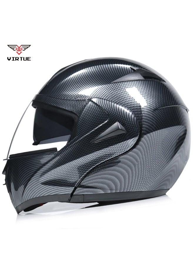 Virtue Electric Car Helmet, DOT and 3C Certified, Open Face Double Lens with Imitation Carbon Fiber Shell and Transparent Mirror Visor