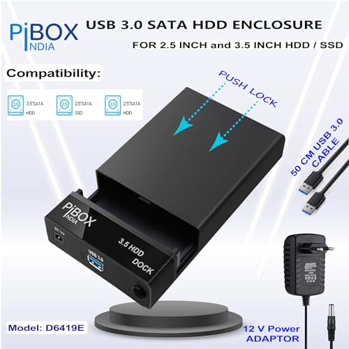 pibox India Hard Drive Enclosure, PiBOX India USB 3.0 External Hard Drive Docking Station for 3.5/2.5 Inch SATA Hard Drives/SSD with 16 TB+, Tool-Free HDD Enclosure with 12V/2A Power Supply UASP Acceleration - Image 2