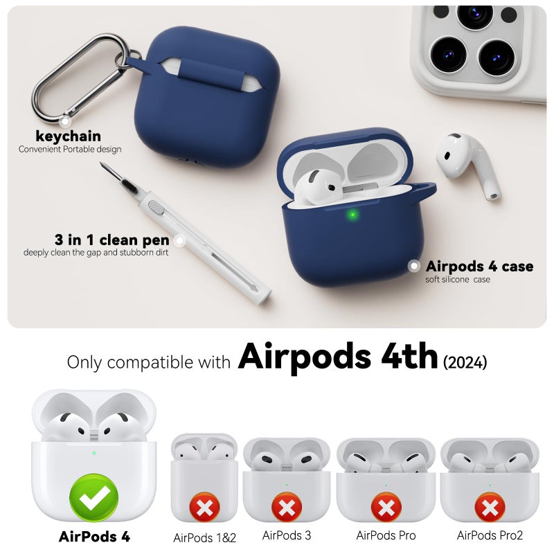 MCTOPZO for AirPods 4 Case 2024 Come with Cleaner Kit,Soft Silicone Protective Cover for Apple AirPods 4th Generation Cases with Keychain,Compatible with AirPod 4 Case for Women Men-Midnight Blue - Image 2