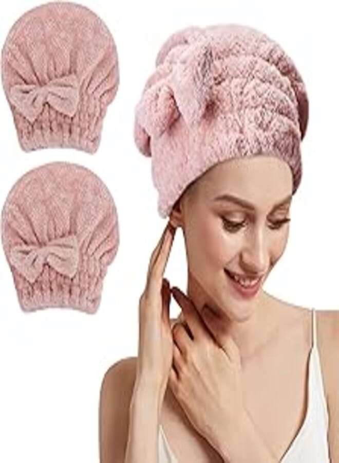 Classycoo Hair Towel Cap 2 Pack Hair Drying Towels Microfiber Hair Drying Caps for Women, Soft & Ultra Absorbent Shower Cap Fast Drying Hair Turban Wrap Towels for Curly Hair Wet Hair-Pink