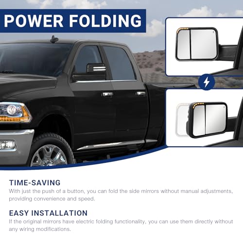 Sanooer Power Folding Switchback Towing Mirror Replacement with 2009-2018 Dodge Ram 1500 2500 3500 Pickup Truck with Power Adjusted Glass Heated LED Running Light Turn Signal Light Puddle Lamp Temp Sensor - Image 3