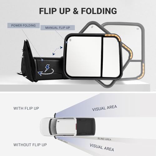 Sanooer Power Folding Switchback Towing Mirror Replacement with 2009-2018 Dodge Ram 1500 2500 3500 Pickup Truck with Power Adjusted Glass Heated LED Running Light Turn Signal Light Puddle Lamp Temp Sensor - Image 5