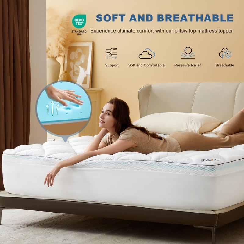 Bedlore 4-Inch Queen Mattress Topper for Back Pain - Dual Layer Medium Support (2" Gel Memory Foam + 2" Cooling Fluffy Pillow Top Pad), Breathable & Pressure Relief (White) - Image 4