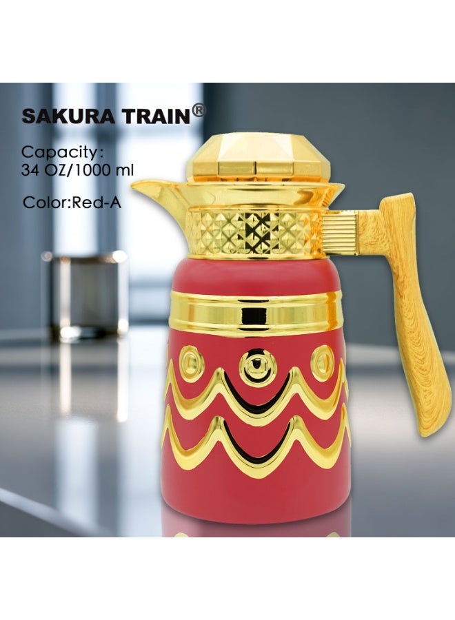 Sakura Train 1000ML Purely Handmade Enamel Drip Glue Process Luxury Thermal Coffee Carafe Insulated Stainless Steel Vacuum Coffee Carafe for Hot Liquids, Turkish Middle Eastern Stainless Steel Teapot Coffee Pot for Women, Men, Adults, Guests or Party - Best Gift Idea - Image 1