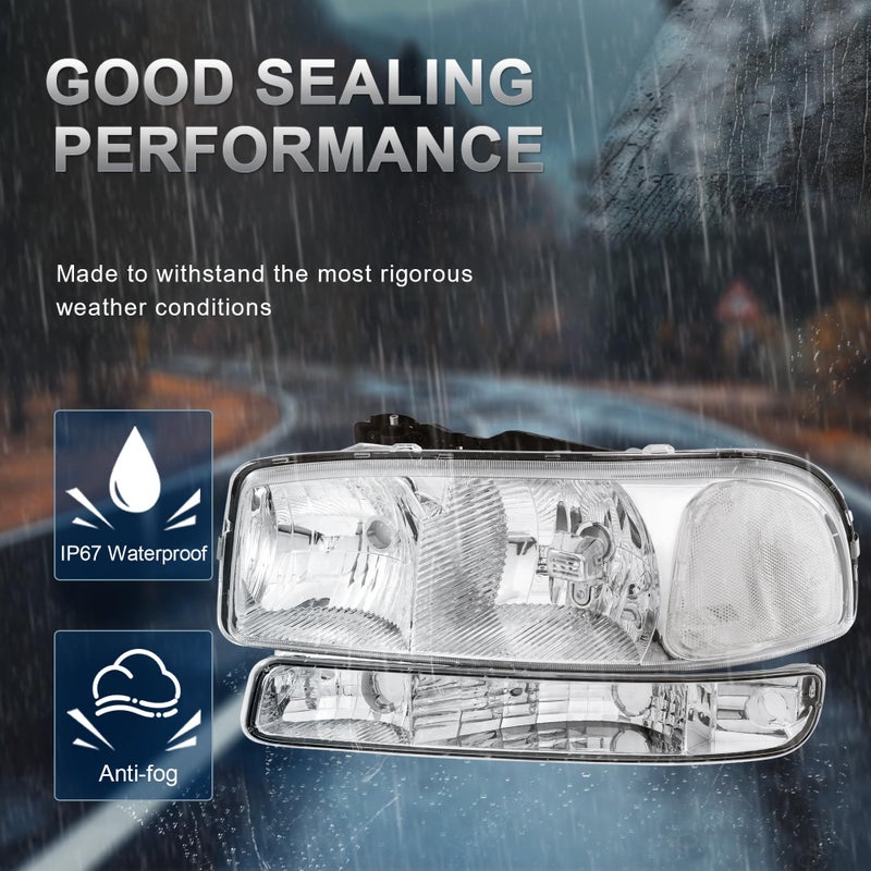 KUIPERAUTO Headlight Assembly Front Lamp Compatible with 1999-2006 GMC Sierra 1500 2500, 2000-2006 GMC Yukon Headlamp w/Bulb Chrome Housing/Clear Lens/Clear Corner - Image 2