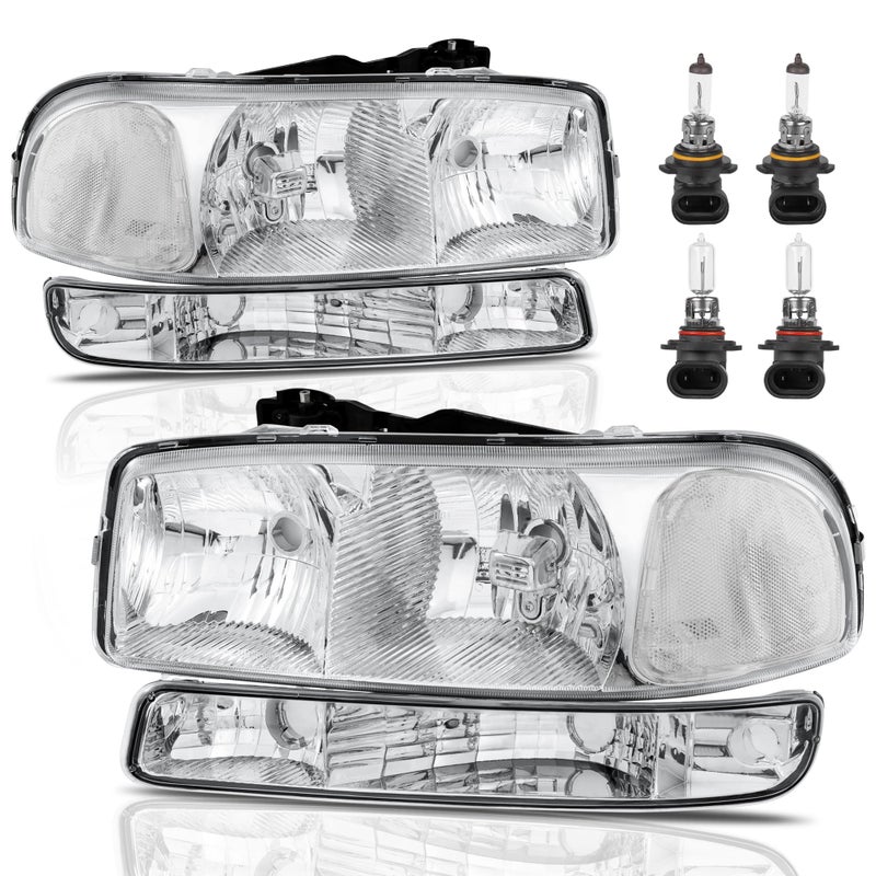 KUIPERAUTO Headlight Assembly Front Lamp Compatible with 1999-2006 GMC Sierra 1500 2500, 2000-2006 GMC Yukon Headlamp w/Bulb Chrome Housing/Clear Lens/Clear Corner - Image 1