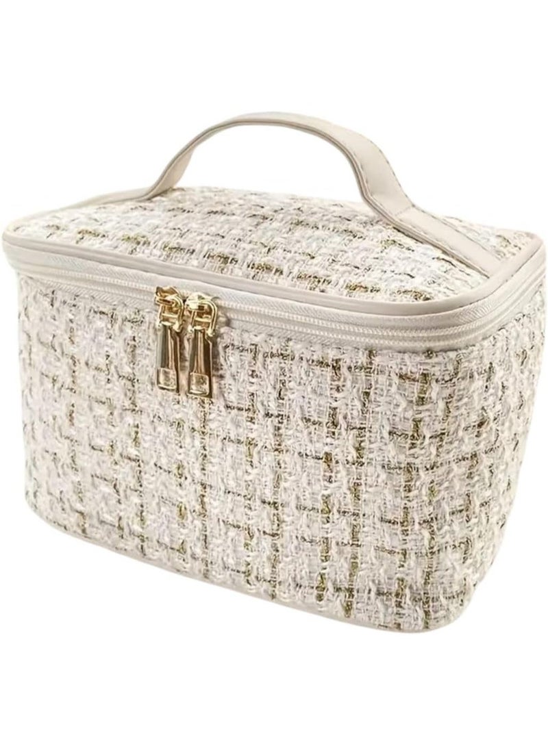 م اكس م حقيبة مكياج سفر كبيرة السعة بمقبض – منظم مستحضرات التجميل وأدوات الزينة المصنوع من جلد البولي يوريثان المقاوم للماء للنساء (مزيج أبيض صغير) - Image 1