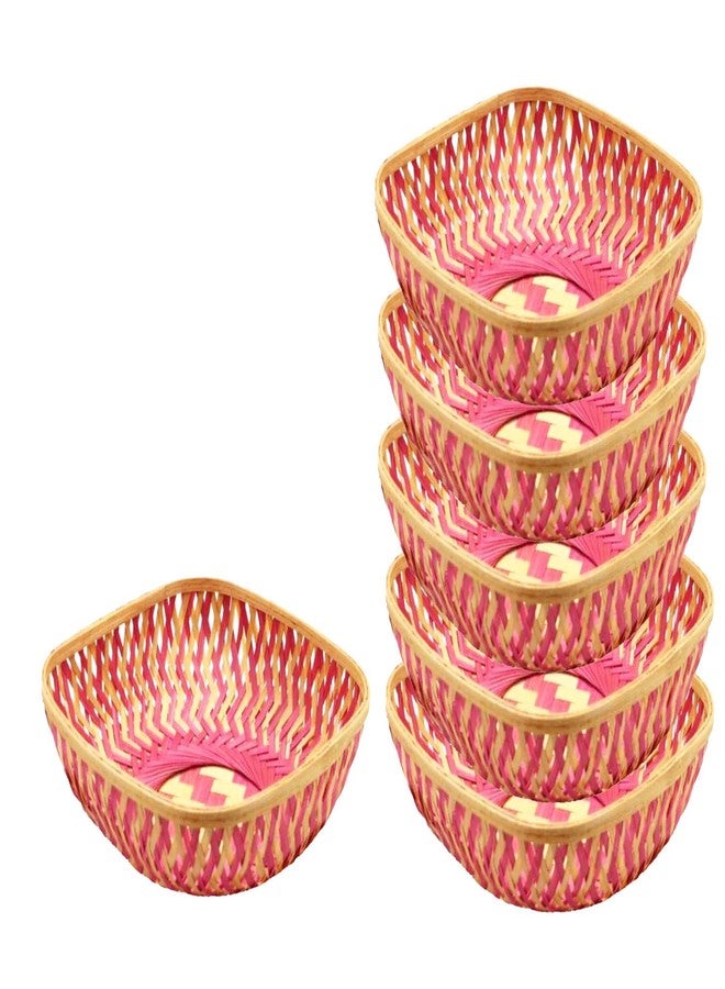 RED WIND Natural Bamboo Decorative Square Baskets – Pack of 6 (Pink & Brown, 24 x 24 x 8 cm) | Handwoven Bamboo Trays for Hampers, Festive Gifting, Home Decor, Storage & Return Gifts BG - Image 4