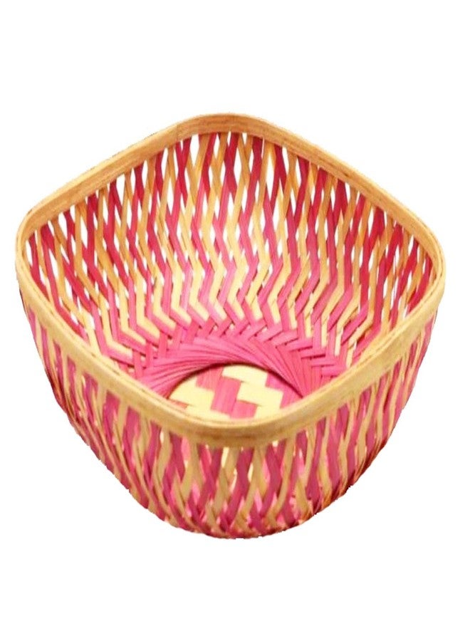 RED WIND Natural Bamboo Decorative Square Baskets – Pack of 6 (Pink & Brown, 24 x 24 x 8 cm) | Handwoven Bamboo Trays for Hampers, Festive Gifting, Home Decor, Storage & Return Gifts BG - Image 3