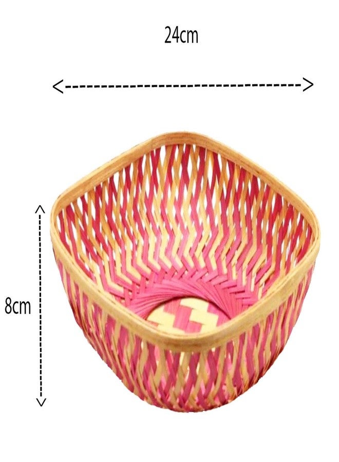 RED WIND Natural Bamboo Decorative Square Baskets – Pack of 6 (Pink & Brown, 24 x 24 x 8 cm) | Handwoven Bamboo Trays for Hampers, Festive Gifting, Home Decor, Storage & Return Gifts BG - Image 2