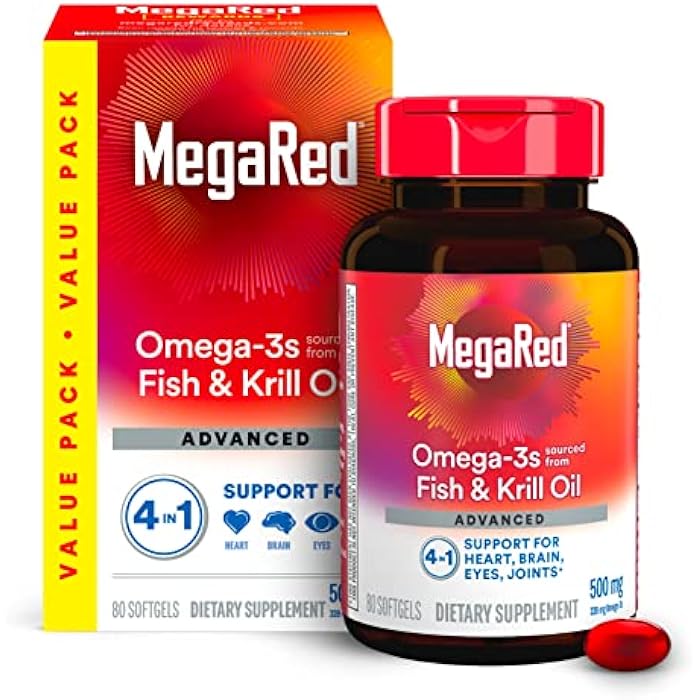 MegaRed Omega-3 Fish Oil + High Absorption Krill Oil 500mg Softgels (80 Count (Pack of 1)) - Image 1