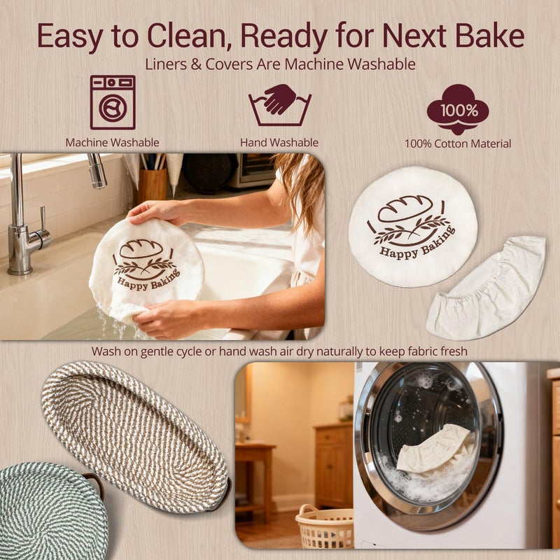 Howasai Banneton Bread Basket, 9" Round and 10" Oval Bread Proofing Basket Set with Cotton Liners and Covers, Bread Basket Proofing Bowl Ideal for Sourdough Starter and Artisan Loaf Baking - Image 4