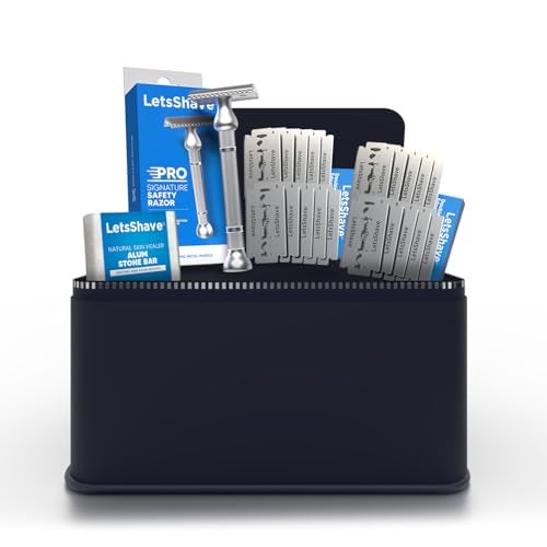 LetsShave Signature DE Safety Razor Gift Set Combo for Men | Stainless Steel Double Edge Razor + 20 DE Blades + Natural Alum Stone Aftershave Bar + Travel Bag | Classic Traditional Shaving Kit - Image 1