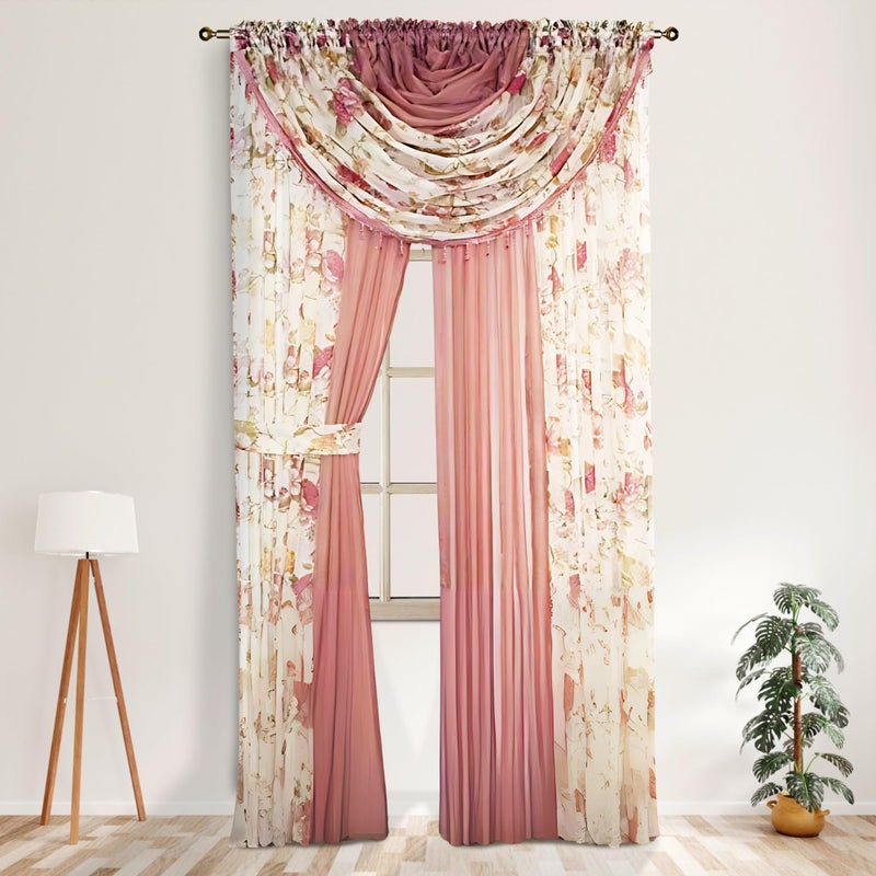 YHSF ستائر شفافة مجموعة لورا 4 لوحات بطول 84 بوصة ستائر أنيقة لغرفة النوم المزيد من الستائر المزينة بالخرز 2 رباط 55 × 84 تركيب سهل متعدد الألوان زهور وردية رمادية