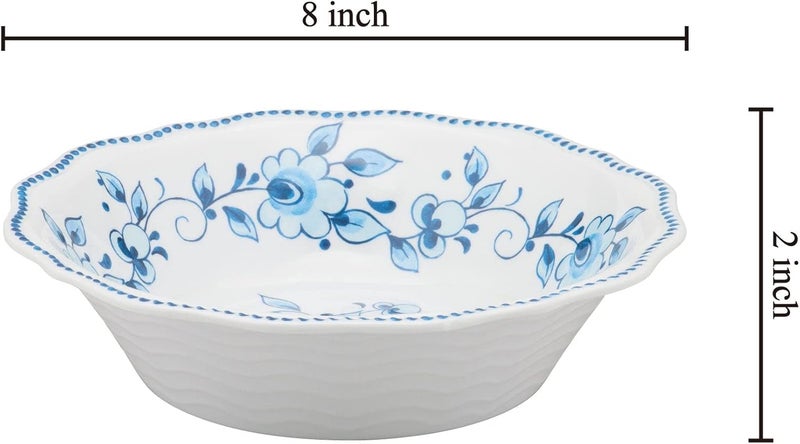 UP طقم أطباق ميلامين مزخرفة بالأزرق والأبيض على شكل زهور مع حواف مزخرفة للباستا والأرز والحساء والسلطة خالية من BPA وآمنة للغسالة ومقاومة للكسر 8 بوصة مجموعة من 6 - Image 2