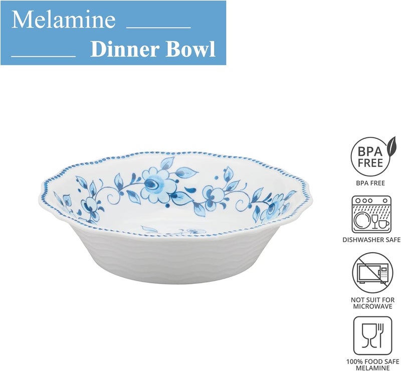 UP طقم أطباق ميلامين مزخرفة بالأزرق والأبيض على شكل زهور مع حواف مزخرفة للباستا والأرز والحساء والسلطة خالية من BPA وآمنة للغسالة ومقاومة للكسر 8 بوصة مجموعة من 6 - Image 3