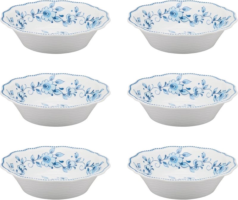 UP طقم أطباق ميلامين مزخرفة بالأزرق والأبيض على شكل زهور مع حواف مزخرفة للباستا والأرز والحساء والسلطة خالية من BPA وآمنة للغسالة ومقاومة للكسر 8 بوصة مجموعة من 6 - Image 1