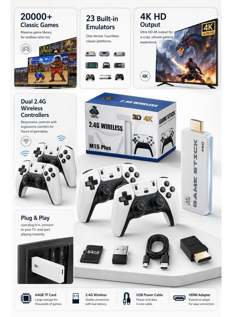 Sisily M15PLUS Wireless Game Stick 20000+ Classic Games Retro Game Console with 20+ Emulators, 2 Wireless Controllers, 4K HDMI Plug and Play, 64GB Card for TV Family Gaming - Image 4