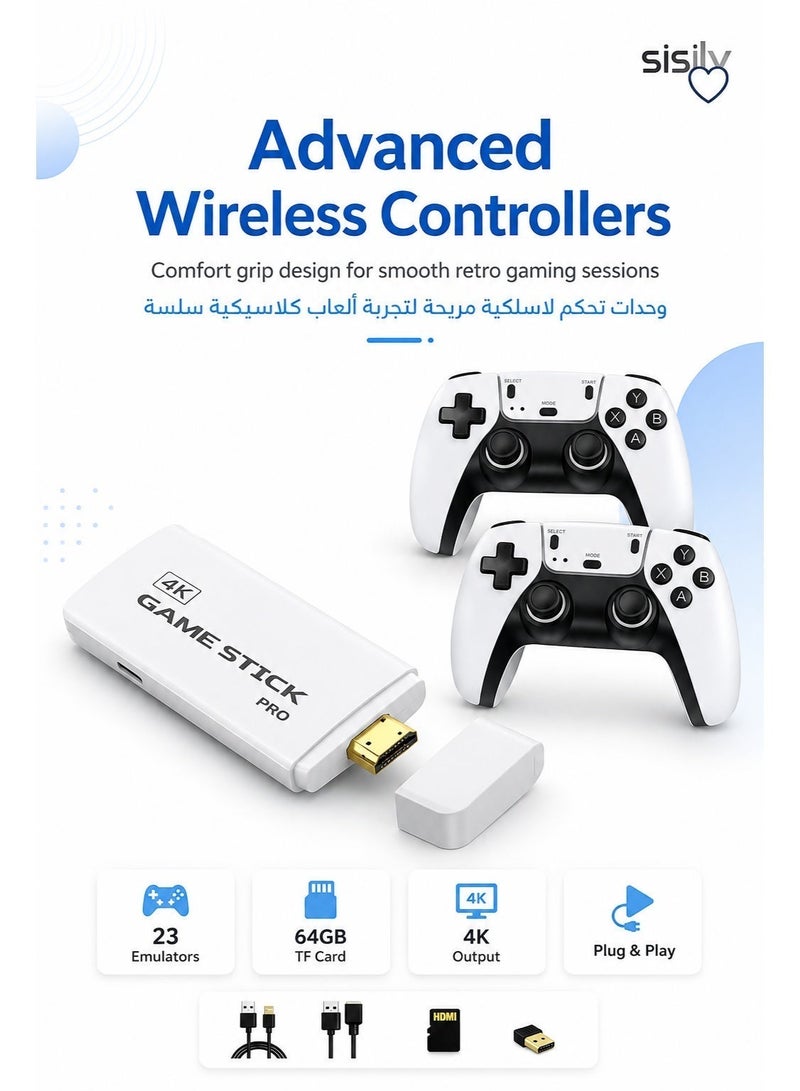 Sisily M15PLUS Wireless Game Stick 20000+ Classic Games Retro Game Console with 20+ Emulators, 2 Wireless Controllers, 4K HDMI Plug and Play, 64GB Card for TV Family Gaming - Image 2