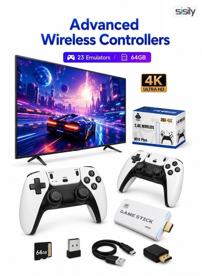 Sisily M15PLUS Wireless Game Stick 20000+ Classic Games Retro Game Console with 20+ Emulators, 2 Wireless Controllers, 4K HDMI Plug and Play, 64GB Card for TV Family Gaming - Image 1