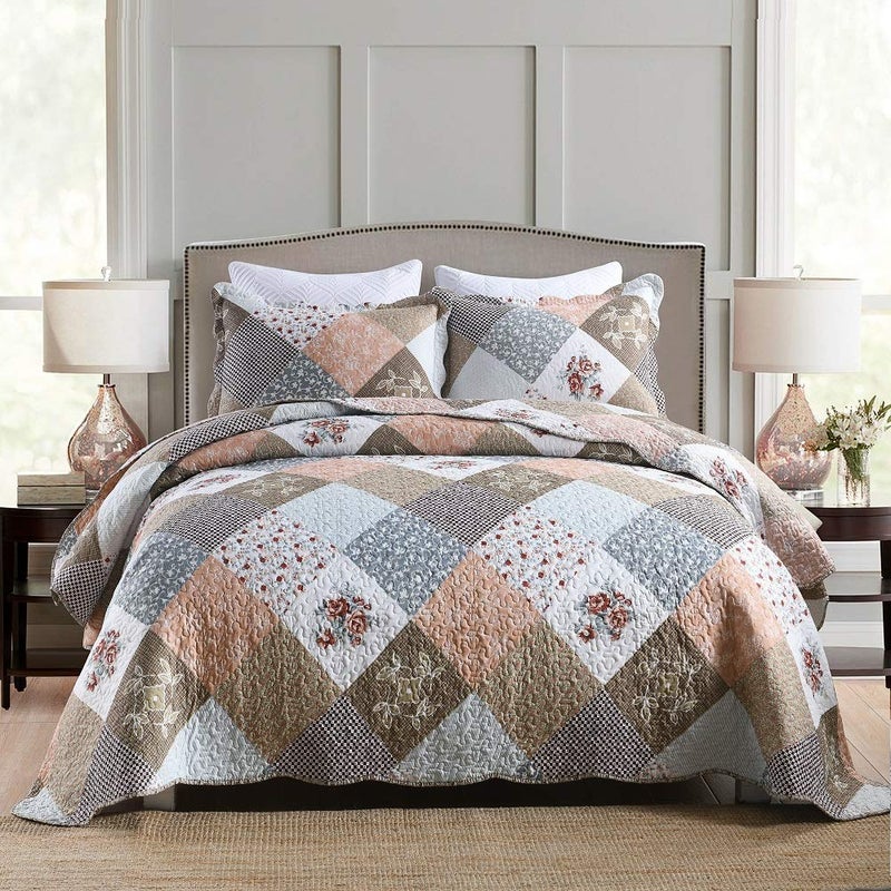 Travan 3Piece Queen Quilt Set Quilted Bedspread Lightweight Reversible Coverlet Set Floral Printed Quilted Bedding Set with Shams for All Season Brown Floral Queen Size