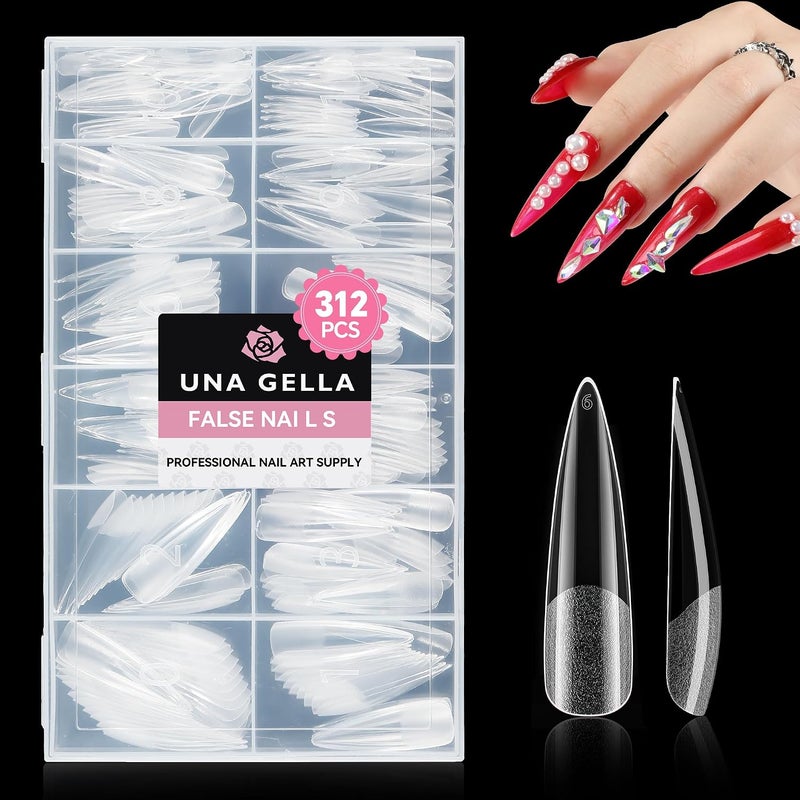 UNA GELLA Halloween XXL Stiletto Nail Tips, 312pcs Pre-Shape Extra Long Stiletto Nails Tips Pre Etched Full Cover No Need File Clear Fake Nails for Party DIY Art Salon 12 Sizes - Image 1
