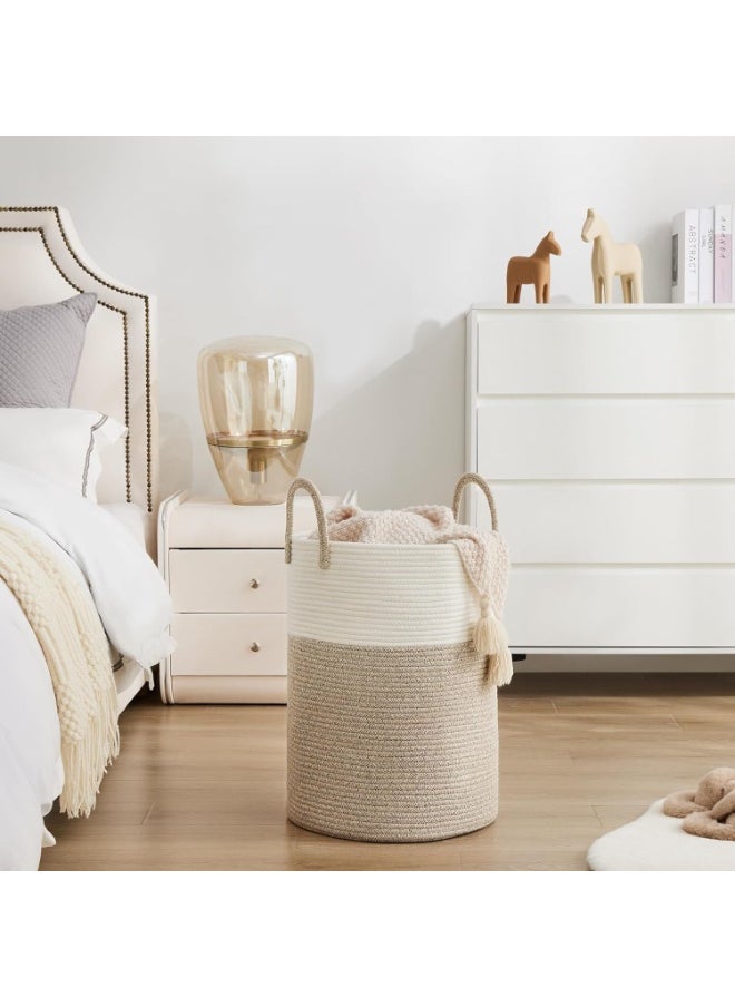 TYCOM Laundry Hamper Cotton Rope Basket Woven Laundry Basket for Blankets Storage Hamper with Handle Comforter Cushions Storage Bins Thread Blanket Towels Home Storage White Light Grey Tall  - Image 2