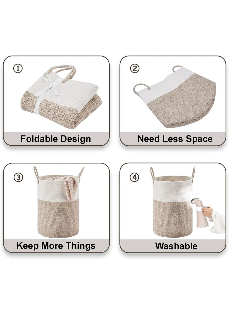 TYCOM Laundry Hamper Cotton Rope Basket Woven Laundry Basket for Blankets Storage Hamper with Handle Comforter Cushions Storage Bins Thread Blanket Towels Home Storage White Light Grey Tall  - Image 4